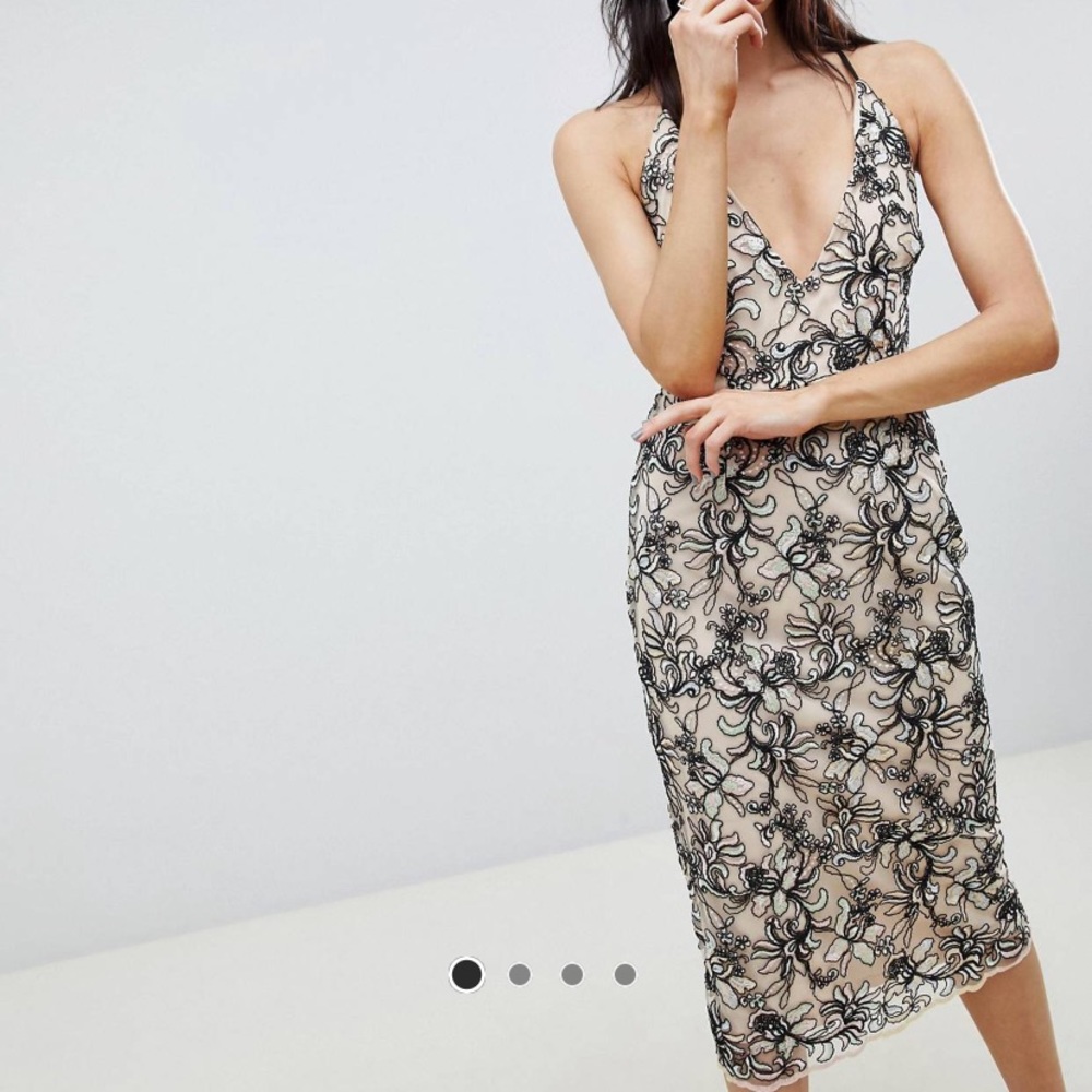 Floral embroidered mesh cami pencil dress